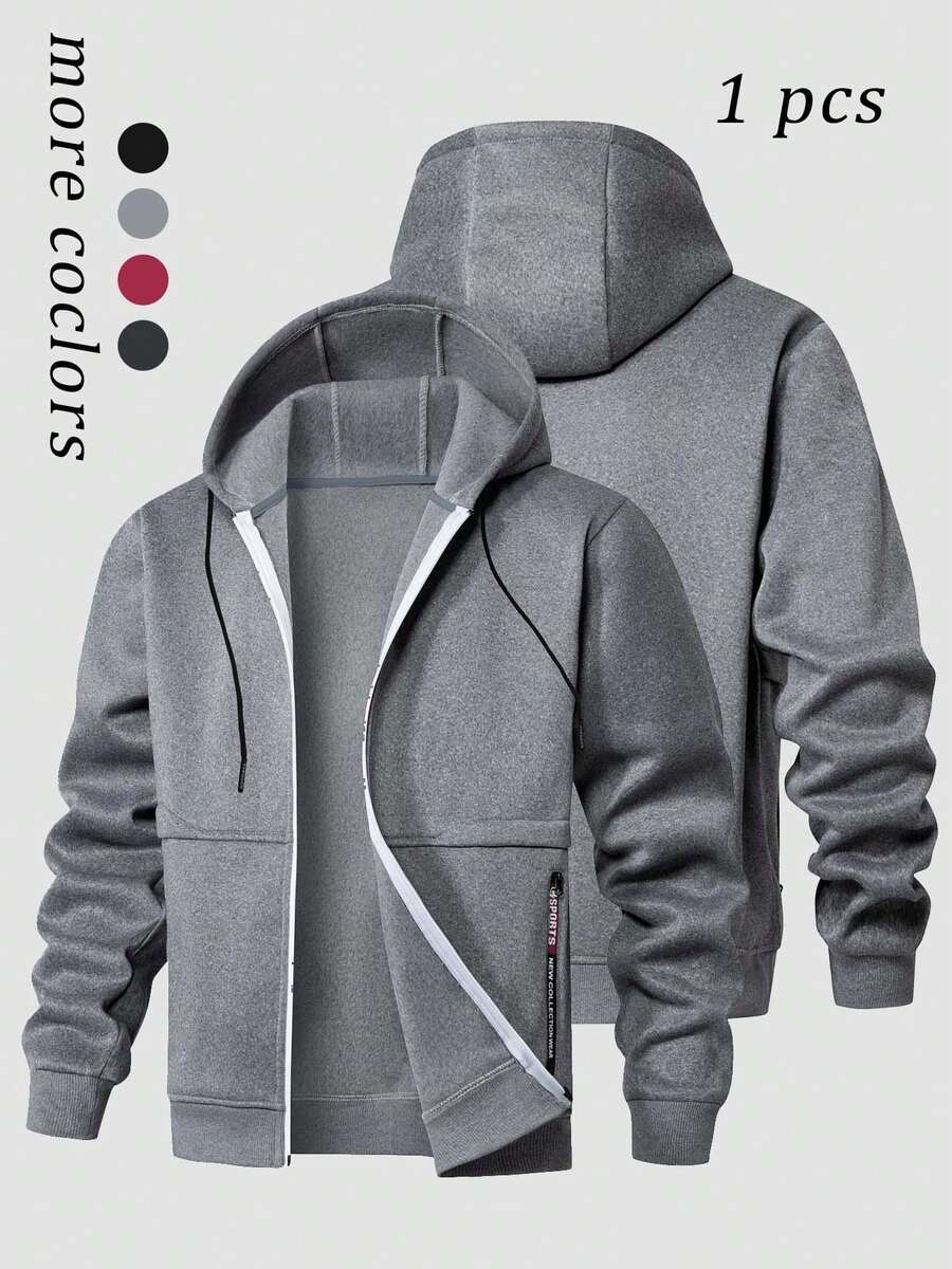 1pc Men's Hooded Fleece Jacket, Zipper Closure Solid Color Sports Sweatshirt For Casual Outdoor Wear,Winter