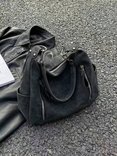 Maillard Retro 2025 Matte Texture Large Capacity Fashion Versatile Shoulder Bag, High-End Beach Tote Handbag Shopping Bag, Unique Low-Key Commuter Zip Dual-Strap Crossbody Bag