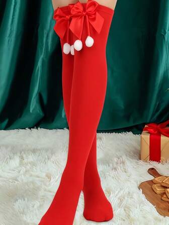 1 Pair Women's Bow, Pom Pom, Striped Over-The-Knee Christmas Socks