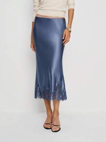 Women Silk Satin Half Slip Long Skirts Lace Patchwork Elastic Waist Long Skirt Elegant Silky Flowy A Line Midi Skirts - 藍色 - 查看 3