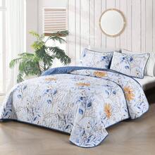 3Pcs Navy Blue Leaf Queen King Double Bedspread Coverlet Bedding Sets (1 Quilt + 2 Pillow Cases), Botanical Leaves Printed Bedspread Bedding Set, Microfiber Floral Coverlet Bedding Set For Wedding Items, Valentines Day Home Bed Room Decor, Mothers Day Gift, All Season - 藏蓝色 - 查看 2
