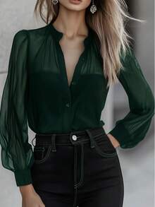 Camisa de manga larga con parches de malla, elegante y versátil, para el verano - Verde - Ver 2