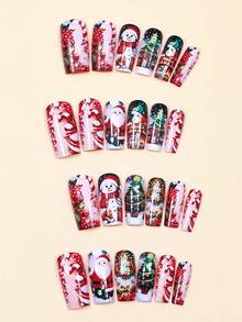 24 piezas de uñas postizas de Navidad con diseños de Papá Noel, muñeco de nieve y árbol de Navidad, de forma cuadrada y larga