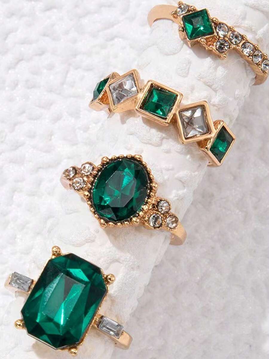 4pcs/Set Luxury Jewelry Colorful Faux Gemstone Geometric Rings Set, Suitable For Women Daily Wear, Party, Gift, Jewelry