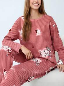 Conjunto de pijama estampado de franela para mujer: imprescindible para el otoño-invierno, ofrece calidez y comodidad. Disponible en una variedad de estampados de personajes de dibujos animados y colores - Rosa coral - Ver 1