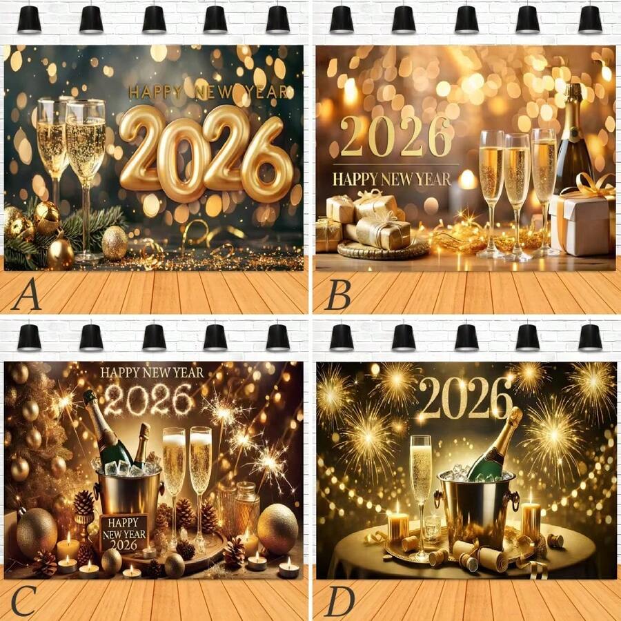 Feliz Ano Novo 2026 Balão Preto e Dourado Decoração de Banner de Bottom de Champanhe, Fogos de Artifício Dourados, Caixa de Presente, Design Decorativo Adequado para Festa de Reunião Familiar de Ano Novo, Bottom de Fotografia, Banner de Vinil