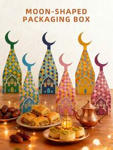 1pc/10pcs Crescent Moon Shaped Boxes, Halal Candy Packaging Boxes, Ramadan Festival Gift Boxes, Islamic Party Decor Handbag, Minimalist Handbag, Suitable For Ramadan, Other Holiday Gatherings And Parties, Birthday Parties - Multicolor - View 6