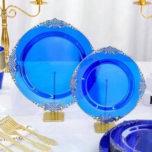 350PCS Gold Plastic Plates 50 Guests, Disposable Dinnerware Sets Include Gold Rim Plastic Plates, 50 Silverwares, 50 Cups, And 50 Pre Rolled Napkins Party, Wedding, Graduation - Clear Blue + 50 Guests Set - View 4