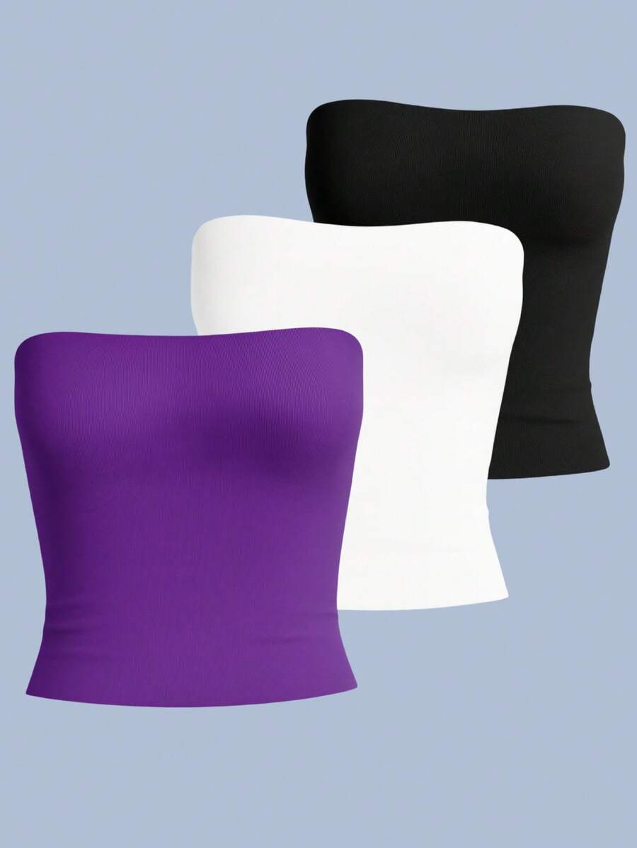 Kit Of 3 Strapless Cropped Tube Tops, Basic Lined Blouses For Women, Premium Blogger Style. - Kit3 Tube Preta Branca Roxo - View 1