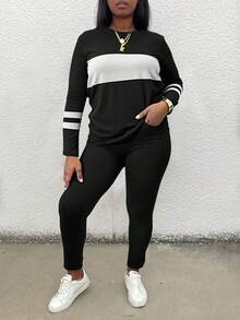 Plus Size Women Casual Blue-Grey Striped 2 Pieces Set - Black - View 2