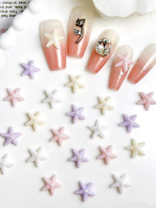 30Pcs Random Mixed ABS Pearlescent Starfish Stars Cartoon Nail Charms 3D Ocean Series Nail Art Accessories DIY