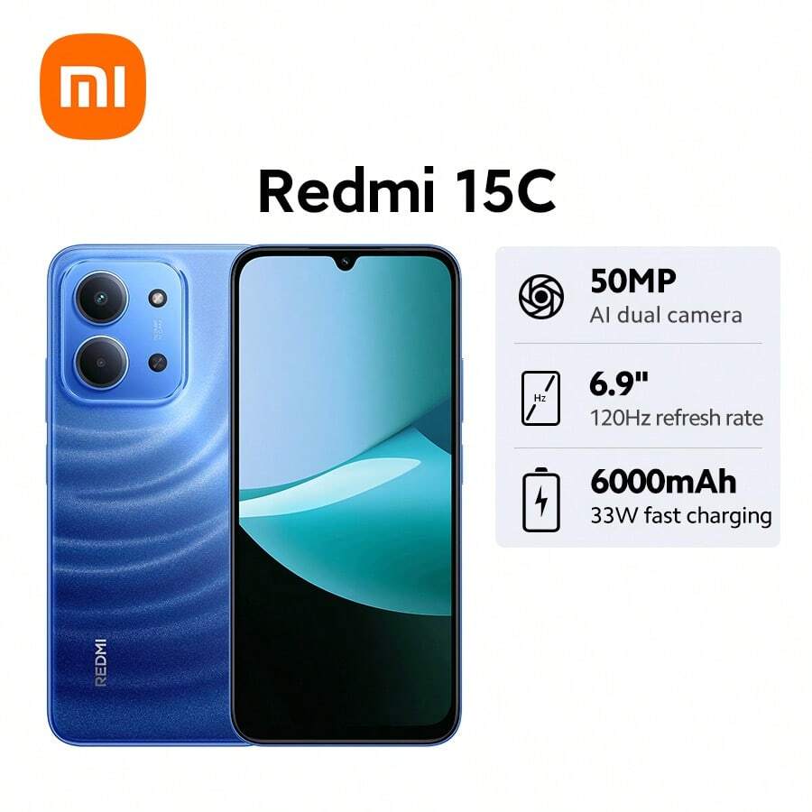 Xiaomi 小米 Redmi 15C 全球版智能手机,配备 6000mAh(典型值)大容量电池,纤薄精致的 7.99mm 机身,IP64 级防尘防水,沉浸式 6.9 英寸屏幕,最高支持 120Hz 高刷新率,支持 33W 快充,31 分钟即可充电至 50%,搭载强劲的八核处理器,最高 16GB 运行内存,支持内存扩展,5000 万像素 AI 双摄系统,清晰捕捉精彩瞬间。 - 藍色 - 查看 1