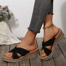 Beach Vacation Wedges Heels Women's Sandals Summer Bow-Knot Flats Wear-Resistant Travel Slippers Shoes Platform Sandals Summer Outdoor Walking - 黑色 - 查看 6