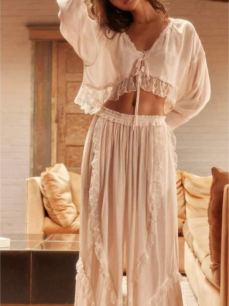 Women Deep V Lace Long Sleeve Top And Pants Set, Elegant 2 Piece Outfit For Party Or Evening - 黑色 - 查看 1