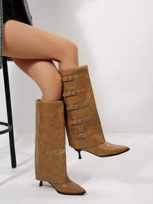 Botas altas hasta la rodilla con tacón de aguja, puntera puntiaguda y hebilla decorativa, de moda para mujer en otoño/invierno, y versátiles - Camel - Ver 7