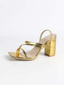 Sandales à talons hauts femme style fée en or, orteils ouverts, talon épais, sexy, élégant, de célébrité, confortable pour les sorties, minimaliste et polyvalent. Tenues de printemps et d'été - Doré - Voir 6