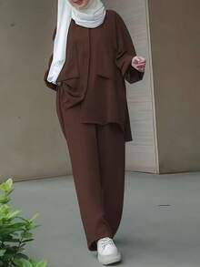 两件套女士宽松休闲纯色长袖上衣和阔腿裤套装 - 棕色春季款 - 棕色 - 查看 7