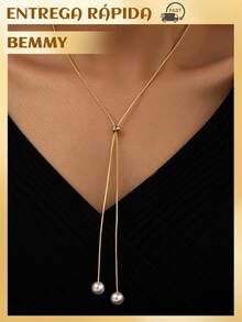 BEMMY Necklace With Y-Shaped Pearl Pendant, Adjustable Metal Alloy Necklace, Suitable For Women's Parties, Vacations, And Photo Shoots. - Vàng - Xem 2