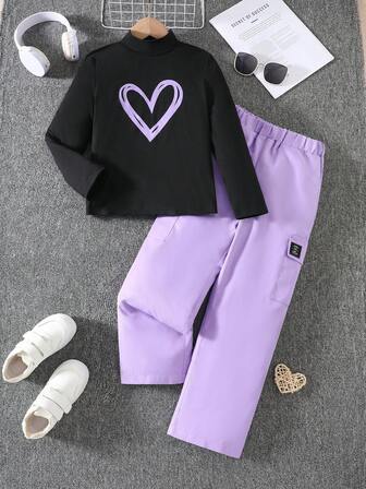 Tween Girls Heart Print Long Sleeve Turtleneck T-Shirt And Flare Pants/Cargo Pants 2 Pieces Outfit, Fashion Casual Set For Autumn/Winter