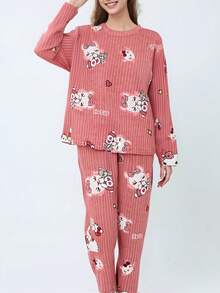 Conjunto de pijama estampado de franela para mujer: imprescindible para el otoño-invierno, ofrece calidez y comodidad. Disponible en una variedad de estampados de personajes de dibujos animados y colores - Rosa coral - Ver 3