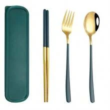 A Set Of Stainless Steel Portable Tableware - Reusable Utensil Set, Stainless Steel Portable Tableware Set With Storage Case - Includes Fork, Spoon And Knife - Ideal For Travel And Camping