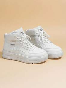 Women's Casual Sneakers, New High-Top Skateboard Shoes, Thick Sole Elevator Flat Round Toe Slip-On Skate Shoes, White, Breathable Deodorizing Personalized Street Style Motorcycle Boots, Outdoor Travel Holiday Leather Motorcycle Boots - White - View 4