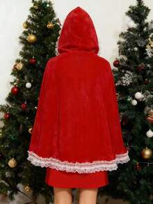 一件蕾丝拼接连帽斗篷，嘉年华圣诞节万圣节服装红色斗篷系列，派对披肩和聚会表演礼服配饰斗篷，角色扮演小红帽的理想选择 - 彩色 - 查看 11