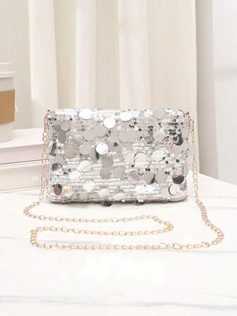 Elegant Classic Women's Handbag With Precious Pearl, Lightweight Chain Crossbody Bag, Fashionable Sequin Versatile Minimalist Sparkling Evening Shoulder Bag, Party Essential Shiny Purse