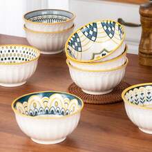 [Juegos de Tazones de Cerámica de Alta Calidad (4 y 6 Piezas)]Caja de Regalo de Vajilla Estilo Retro Japonés | Tazones con Diseño Mixto Creativo | Apto para Microondas | Ideal para Arroz, Sopa, Fideos y Ensaladas | Regalo Perfecto | Imprescindible para la Cocina y el Comedor | Diseño Geométrico Floral Azul, Amarillo y Blanco | Caja de Cartón con Asa | Regalo Recomendado para Bodas, Inauguraciones, Cumpleaños y Días Festivos | Ideal para Reuniones Familiares, Parejas y Residencias Estudiantiles | Horneado a Alta Temperatura para Mayor Durabilidad | Fácil de Limpiar y Resistente al Color | Juego de Vajilla de Cerámica Multifuncional