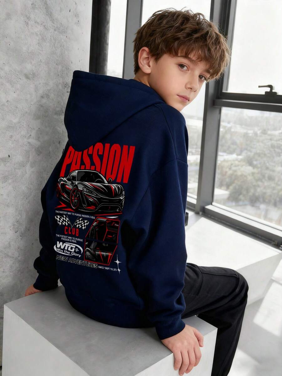 1pc Tween Boy Casual Printed Pullover Sweatshirt, Thermal Lined, Long Sleeve, Autumn/Winter