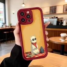 Cubierta de teléfono con borde negro y parte trasera naranja con estampado de gato blanco con gafas de sol pañuelo rojo y maleta sobre mantel a cuadros para uso diario en cafeterías Aplicable a los teléfonos de la serie Apple y Galaxy - Burdeos - Ver 2