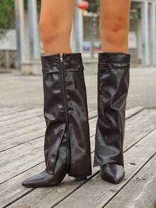 Fall/Winter 2025 Spring/Summer New European & American Pointed Toe Tall Boots Women, Slim Fit Straight Leg Shaft, Wedge Heel Riding Boots,High Heels - Brown - View 4