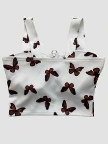 Strella Modas Printed Butterfly Suplex Top With Zipper And Wide Straps - Elegant Women's Cropped Top With Padded Cups - Fashionable For Mothers And Girlfriends - 鏽棕色 - 查看 2