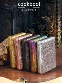 1个复古手工金属盒，三开式香烟盒，可装14支香烟，便携式口袋盒支架收纳盒，复古创意欧式压花便携防压家用小工具香烟盒，情人节礼物，新年礼物