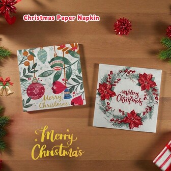 20张装，圣诞快乐纸巾，独特风格，13*13英寸，双层，圣诞球图案和圣诞红花印花纸巾，适用于圣诞节庆典装饰及圣诞派对用品