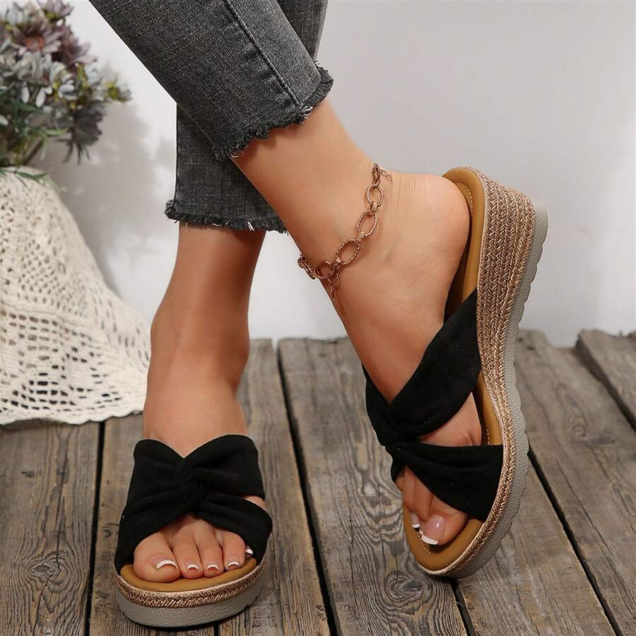 Beach Vacation Wedges Heels Women's Sandals Summer Bow-Knot Flats Wear-Resistant Travel Slippers Shoes Platform Sandals Summer Outdoor Walking - 黑色 - 查看 1