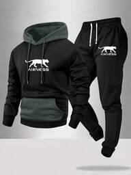 Ensemble de sweat-shirt à capuche et pantalon à cordon de serrage avec imprimé lettre et animal, couleur contrastée. Tenue de sport mode pour les déplacements, le travail, la pêche, le camping, la salle de sport