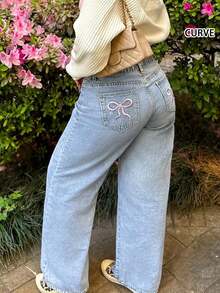 Europejski i amerykański design uliczny Y2K Moda Swobodny nadruk kokardki Sprany Duży rozmiar Elastyczny pas Damskie proste jeansy Wiosna - Jasny jeans - Zobacz 3