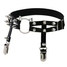 1Pcs Gothic Punk Cat Ear Garter - Handmade Double-Row Studded Leather Thigh Strap, Adjustable Elastic Leg Harness For Street Dance & Alternative Fashion - Purple - View 4