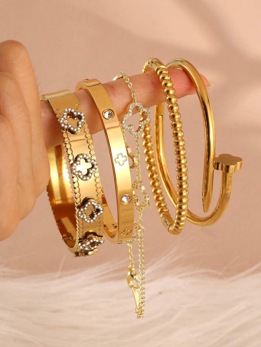 1件套18K镀金不锈钢四叶草钉手链，适合女性日常佩戴，奢华女士手链，节日礼物 - 金色 - 查看 1