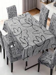 1 Set High Elastic Dining Chair Cover & Waterproof Tablecloth, Abstract Floral Pattern In Dark Grey - Multicolor - View 1