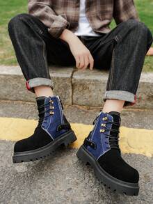 男女通用户外徒步靴，休闲复古百搭厚底鞋，时尚牛仔西部风格 - 藍色 - 查看 7