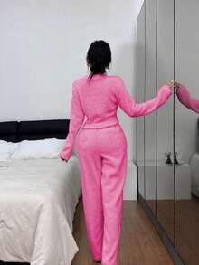 SANRIO 联名款女士舒适双面绒刺绣 Hello Kitty 猫咪短款上衣和休闲家居裤两件套 - 玫紅色 - 查看 7