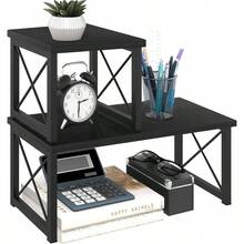Wood Desktop Shelf, Freestanding Small Bookshelf Dorm Supplies Organizers, 2 Tier Stackable Desk Stand, Adjustable Storage Organizer, Kitchen Counter Display Rack, White - màu đen - Xem 2