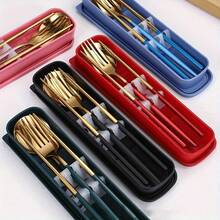 A Set Of Stainless Steel Portable Tableware - Reusable Utensil Set, Stainless Steel Portable Tableware Set With Storage Case - Includes Fork, Spoon And Knife - Ideal For Travel And Camping