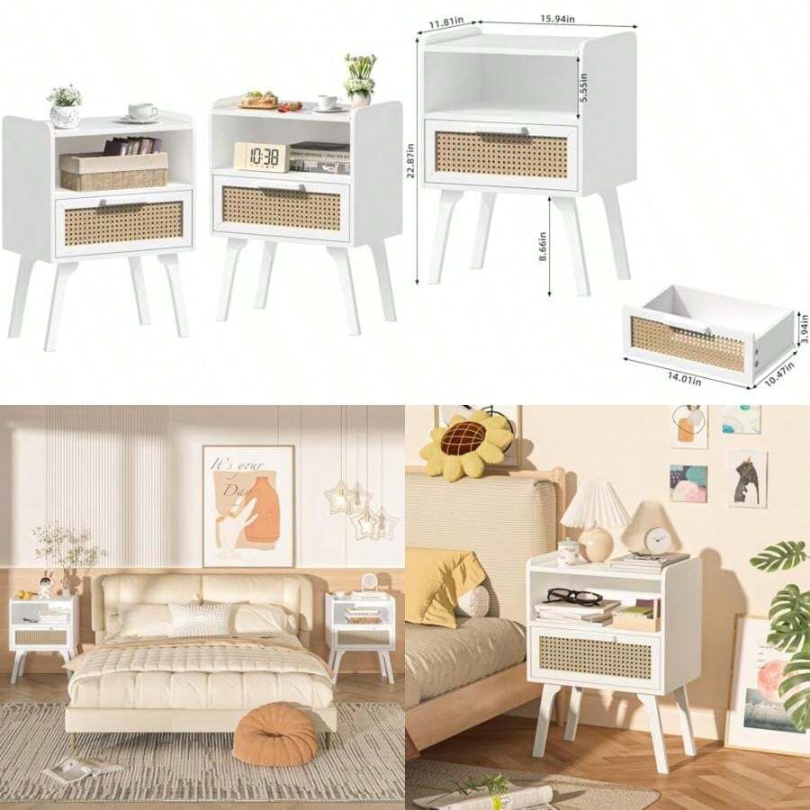 Lerliuo Rattan Nightstand, Boho Side Table With Drawer Open Shelf, Cane Accent Bedside End Table With Solid Wood Legs For Bedroom, Dorm And Small Spaces ()(White With Natural 2 Pack) - Type4 - 查看 1
