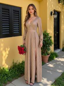 D&M 深 V 领露背高开衩荷叶边正式晚礼服