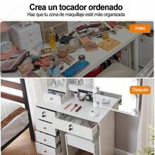 Tocador, tocador con luz y espejo corredero, tocador para dormitorio con taburete tapizado, tocador con cajones y separadores para dormitorio (blanco) - Blanco - Ver 8