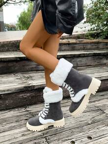 Women's 2025 Mid-Calf Snow Boots - Platform Martini Boots With Plush Thermal Lined & Faux Fur Cuff | Winter Thermal Insulated Slip-Resistant Footwear - Grey - View 3