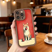Cubierta de telefono con borde negro y fondo rojo con estampado de perro shiba inu comiendo fresa para uso diario en cafeterias Aplicable a los teléfonos de la serie Apple y Galaxy - Café integral - Ver 2